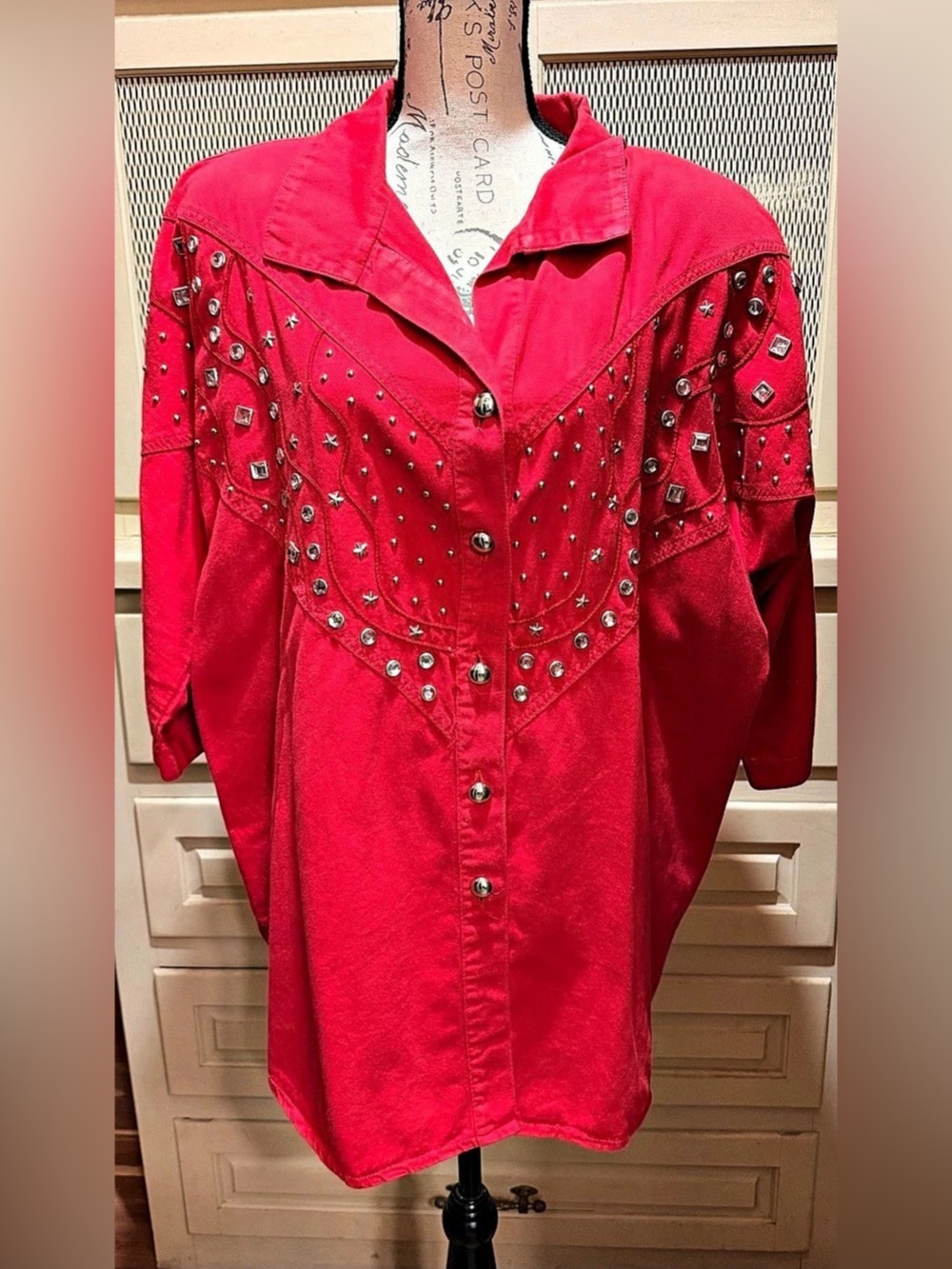 VTG 80s Monique Fashions Red Denim Studded Western Shirt Jacket Snap Plus 1X